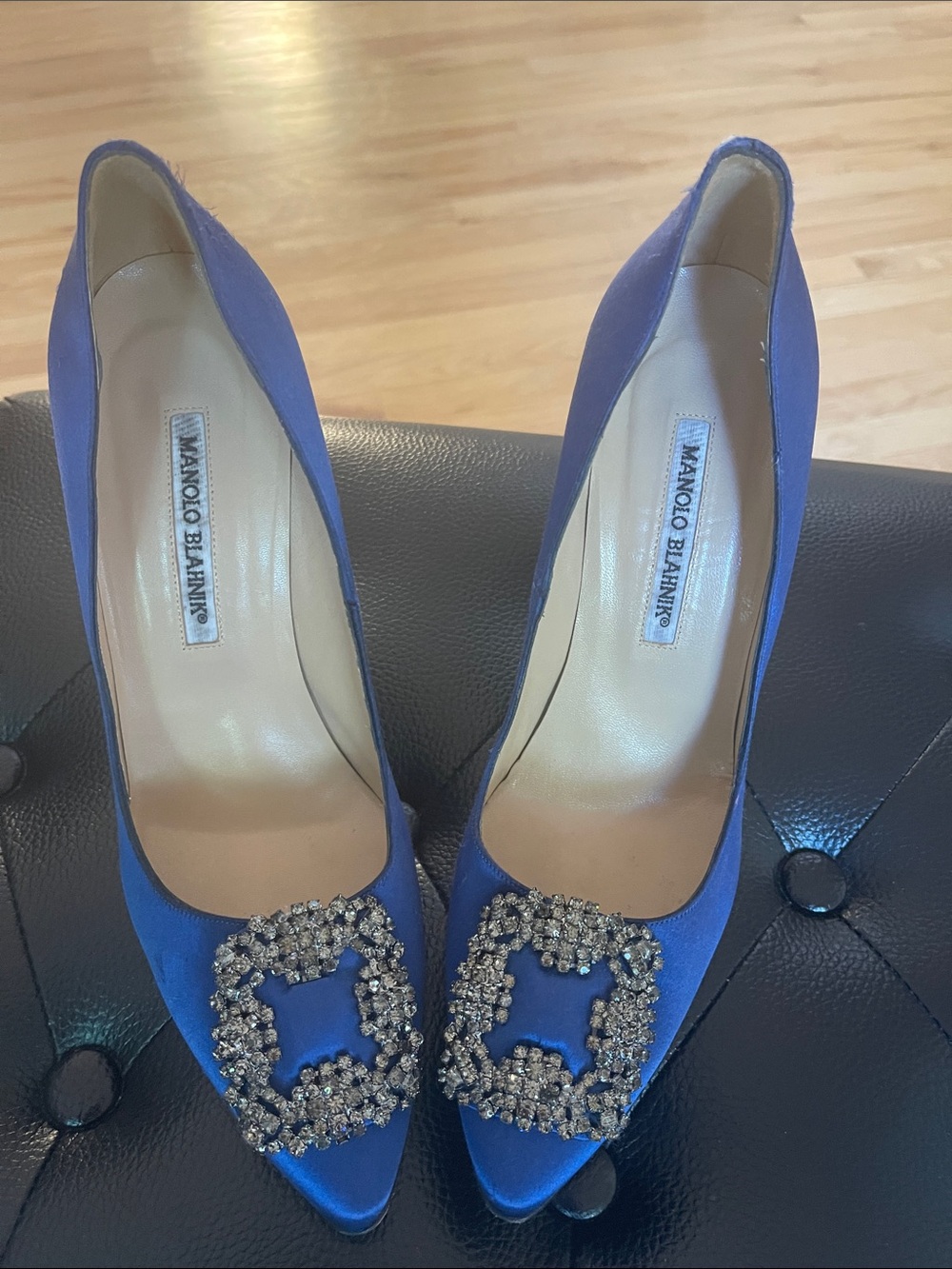 Manolo Blahnik Royal Blue Satin Pointed Toe Pumps with Crystal Buckle - Picture 5 of 11